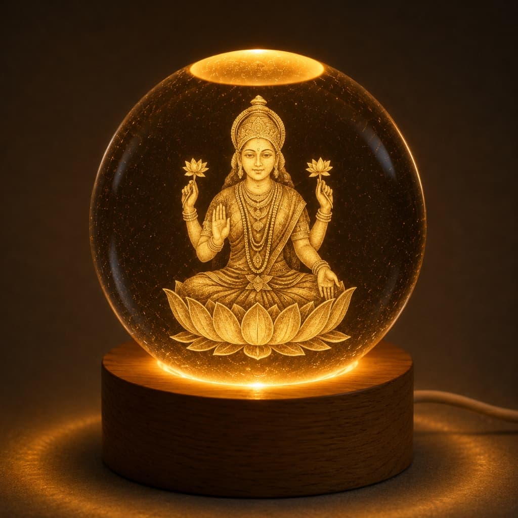 3D Goddess Lakshmi — Lotus Throne Crystal Ball Night Lamp