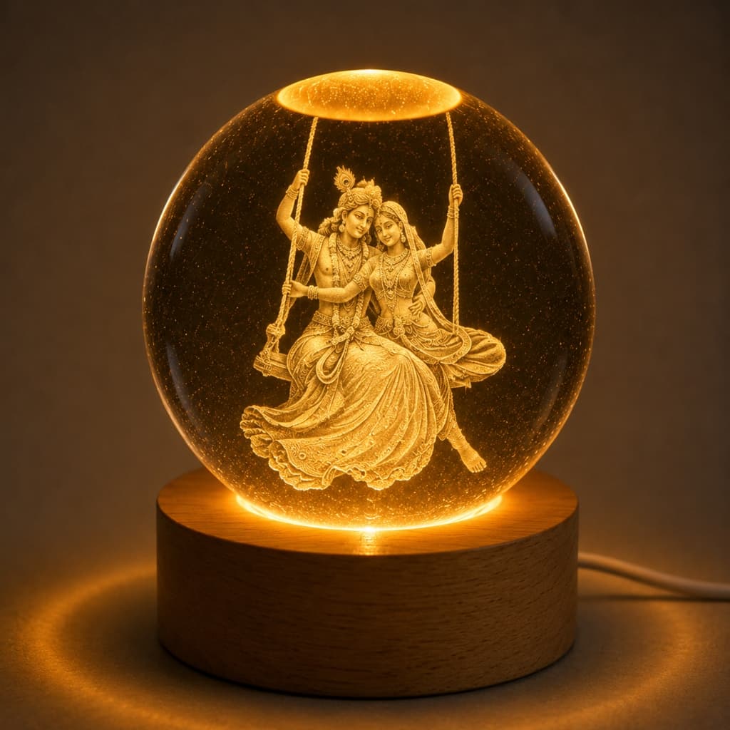3D Radha Krishna — Hindola Swing Crystal Ball Night Lamp